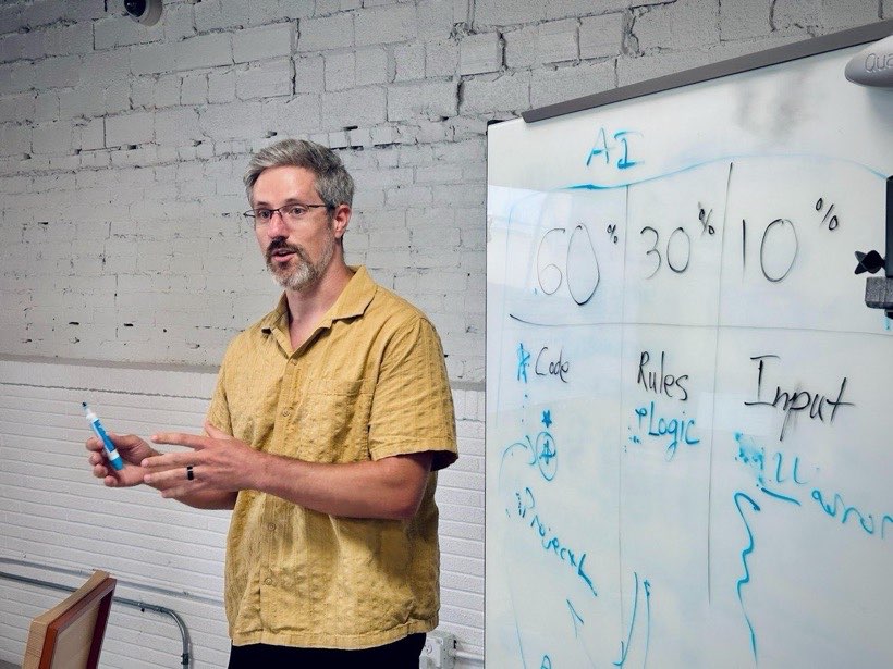A guide teaching at the whiteboard during the workshop